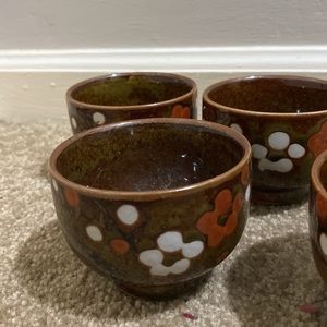 Vtg Japanese set of 5 mini bowls/cups Otagiri style Brown Glaze floral design